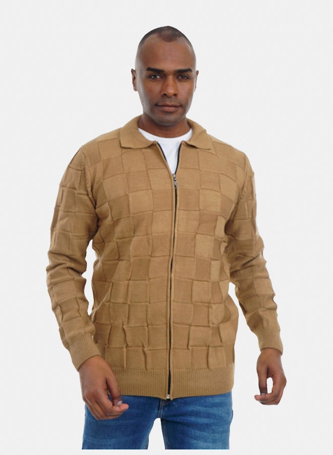 FIRE WOOD FireWood Zipper Knit Cardigan Long Sleeve Soft Knit Fabric For Men- Camel - Image 3